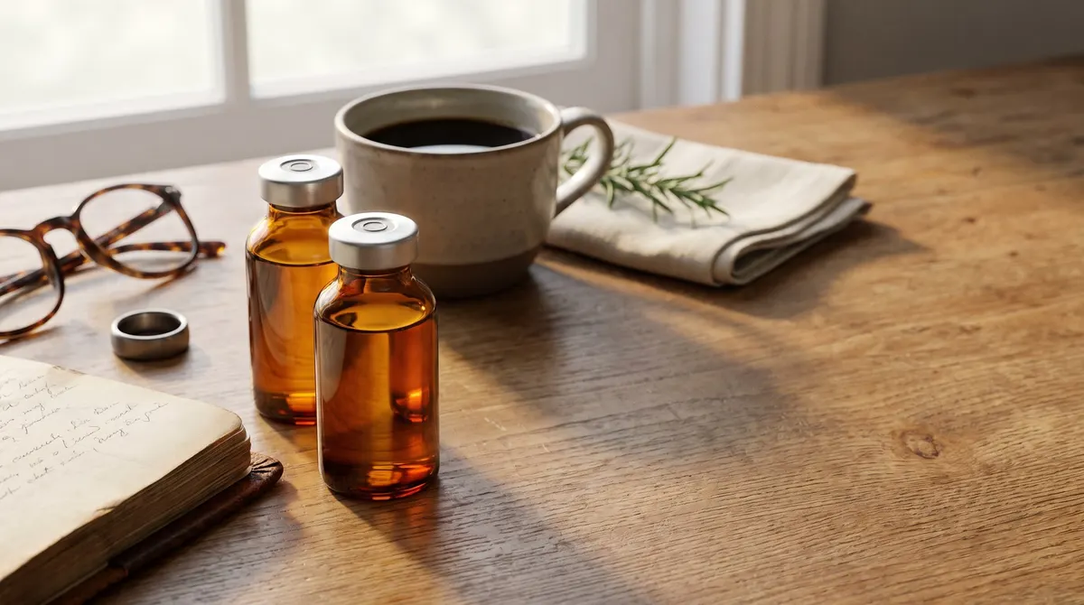 Two amber vials on a wooden table beside a cup of coffee, a pair of glasses and an open notebook.